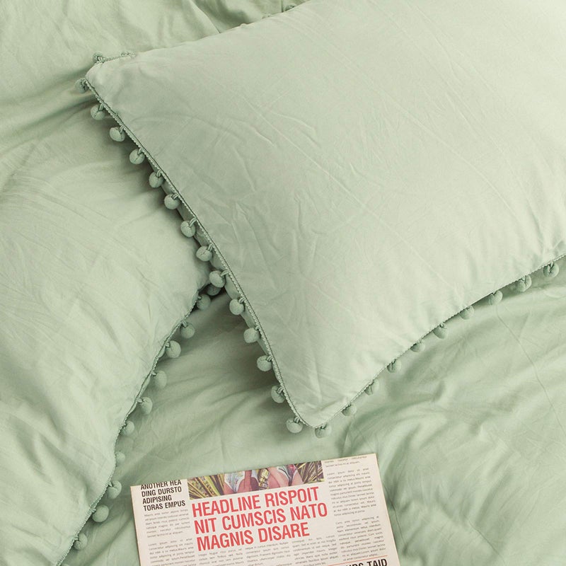 MOVE OVER Sage Green Pom Poms Pillowcases, Green Standard Pillow Cases Set of 2, 100% Washed Microfiber, Dark Sea Green Ball Fringe Pillow Cover, 2 Pack (Queen, Sage Green) - Image 4